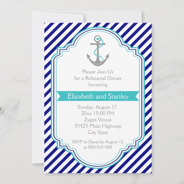 Invitation Dîner de répétition de mariage nautique bleu marin (Devant)