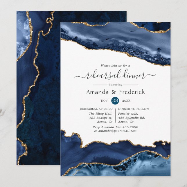 Invitation Dîner de répétition de mariage Navy et Agate Gold (Devant / Derrière)