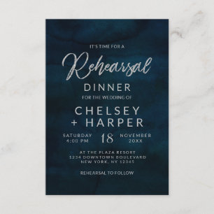 Invitation Dîner de répétition de mariage Navy Luster Silver