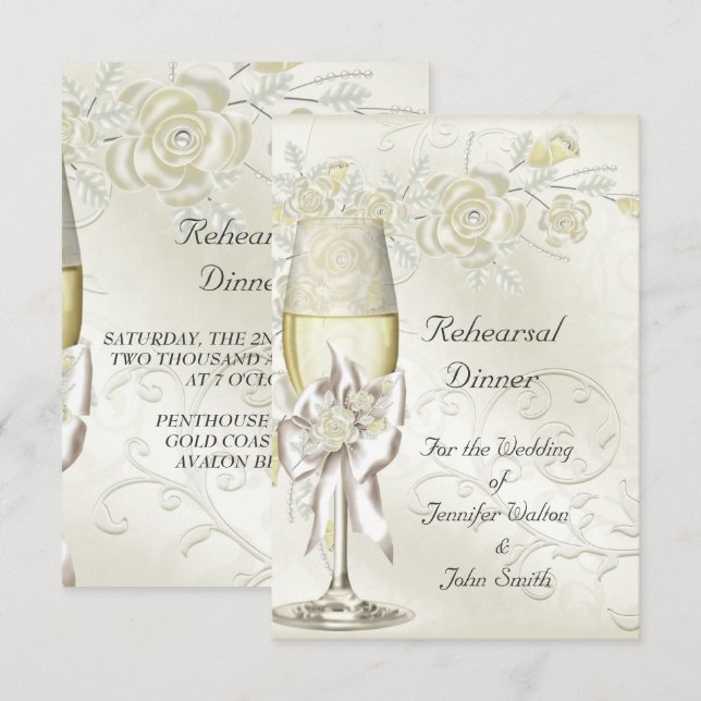 Invitation Dîner de répétition de mariage or crème perle flor (Devant / Derrière)