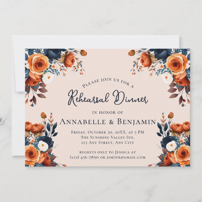 Invitation Dîner de répétition de mariage orange brûlé et mar (Devant)