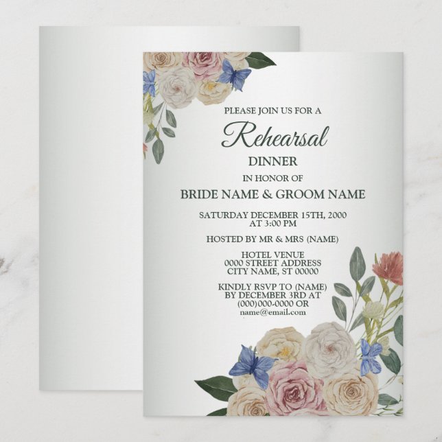 Invitation Dîner de répétition de mariage papillon floral col (Devant / Derrière)