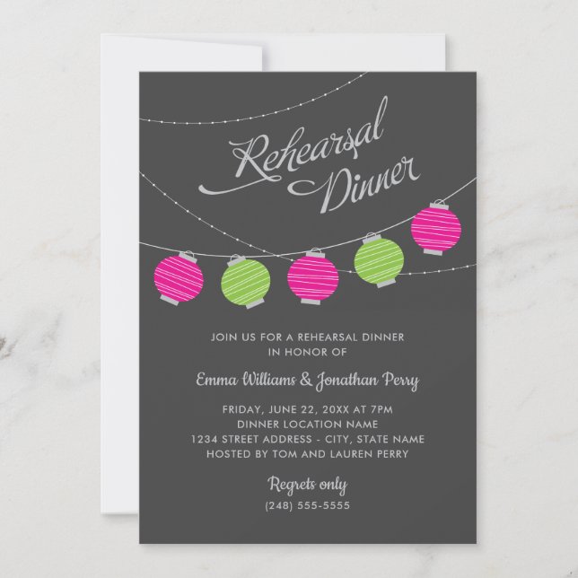Invitation Dîner de répétition de mariage Pink Green Lantern (Devant)