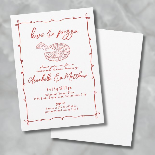 Invitation Dîner de répétition de mariage Pizza Amour Rouge D (Hand Drawn Red Love Pizza Wedding Rehearsal Dinner Invitation)