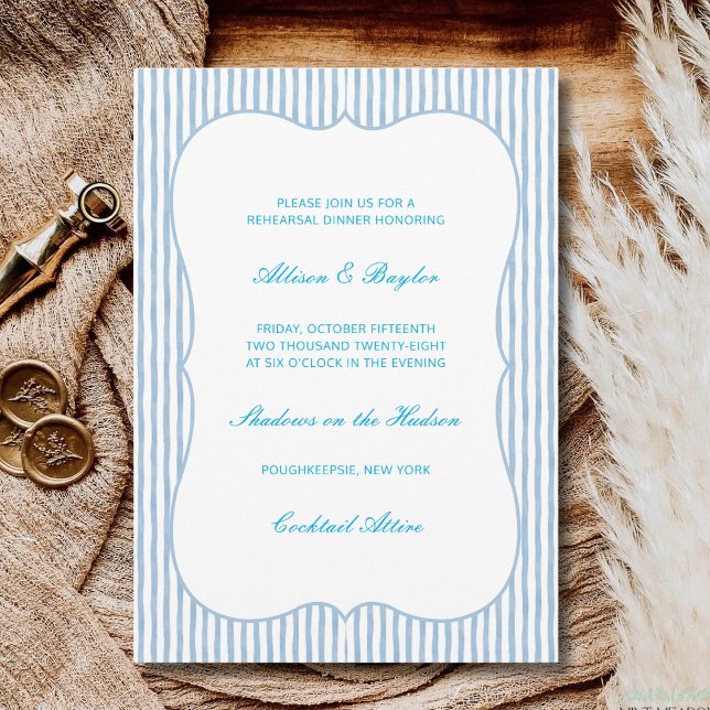 Invitation Dîner de répétition de mariage rayé bleu aquarelle (Créateur téléchargé)