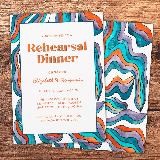 Invitation Dîner de répétition de mariage rétro groovy bleu o (Front and Back)