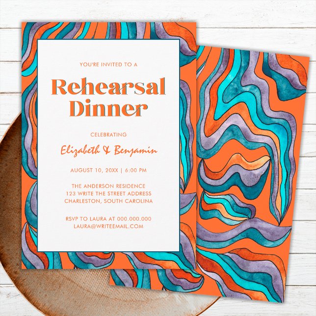 Invitation Dîner de répétition de mariage rétro groovy orange (Front and Back)