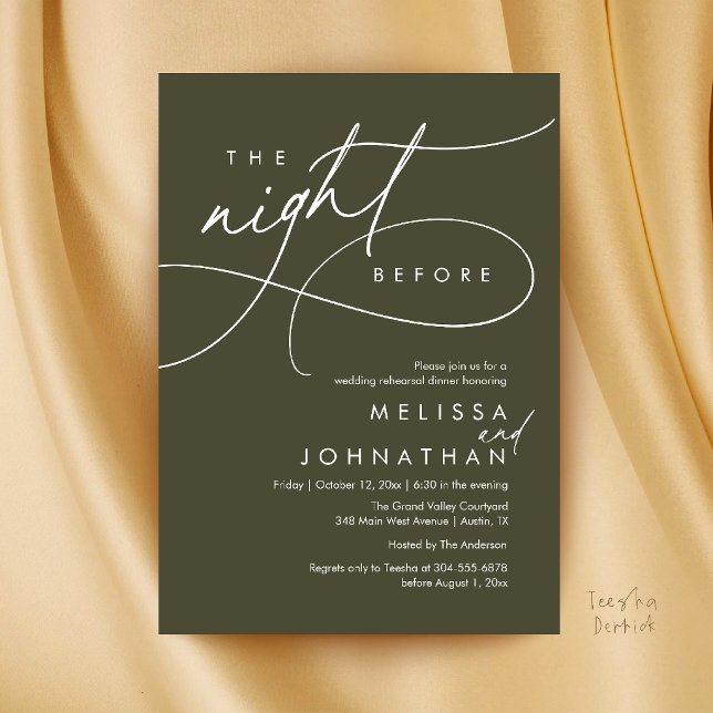 Invitation Dîner de répétition de mariage romantique la veill (Romantic Wedding Rehearsal Dinner The Night Before Invitation Card in Olive Green)
