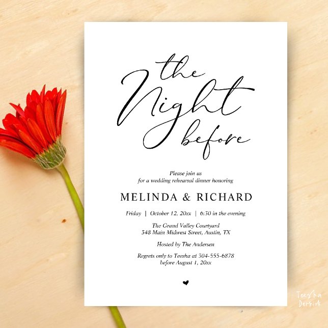 Invitation Dîner de répétition de mariage romantique la veill (Modern Romantic Wedding Rehearsal Dinner The Night Before Invitation Card in Black and White)