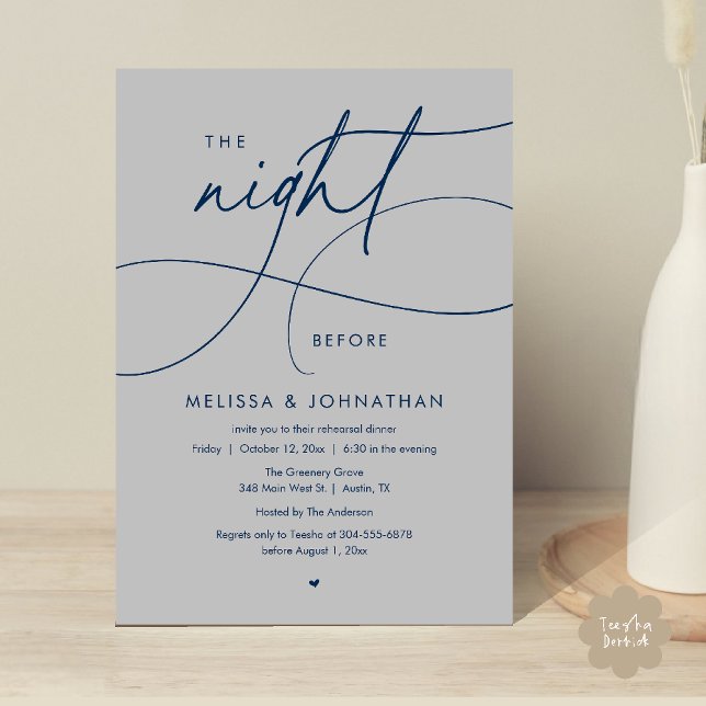 Invitation Dîner de répétition de mariage romantique la veill (Romantic The Night Before Wedding Rehearsal Dinner Invitation card in navy blue and dark grey)