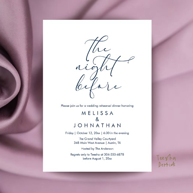 Invitation Dîner de répétition de mariage romantique la veill (Romantic Wedding Rehearsal Dinner The Night Before Invitation Card in Navy Blue)