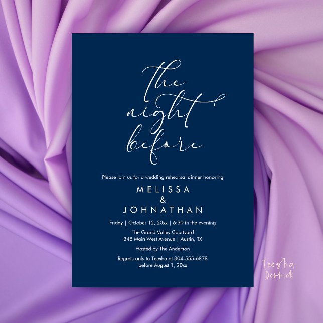 Invitation Dîner de répétition de mariage romantique la veill (Romantic Wedding Rehearsal Dinner The Night Before Invitation Card in Navy Blue)