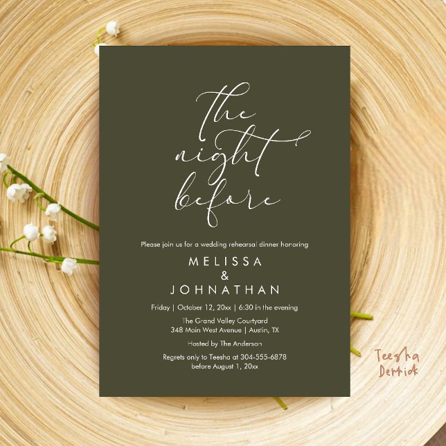Invitation Dîner de répétition de mariage romantique la veill (Romantic Wedding Rehearsal Dinner The Night Before Invitation Card in Olive Green)