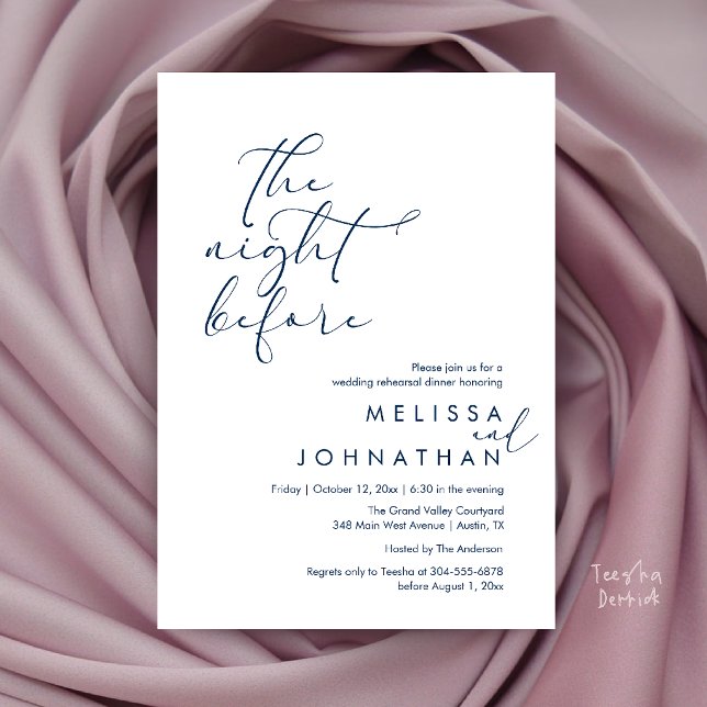 Invitation Dîner de répétition de mariage romantique la veill (Romantic Wedding Rehearsal Dinner The Night Before Invitation Card in Navy Blue)