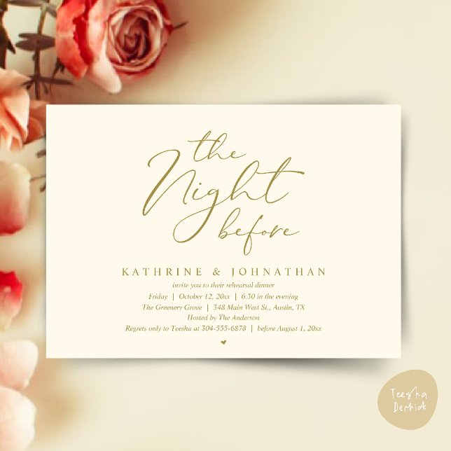 Invitation Dîner de répétition de mariage romantique la veill (The Night Before Romantic Wedding Rehearsal Dinner Invitation Card in Yellow gold)