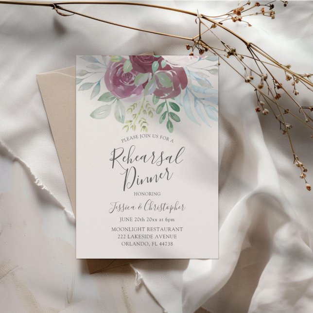 Invitation Dîner de répétition de mariage Rose Bourguignon Ru (Créateur téléchargé)