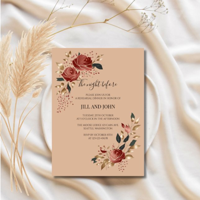 Invitation Dîner de répétition de mariage Rose de Bourgogne A (Créateur téléchargé)