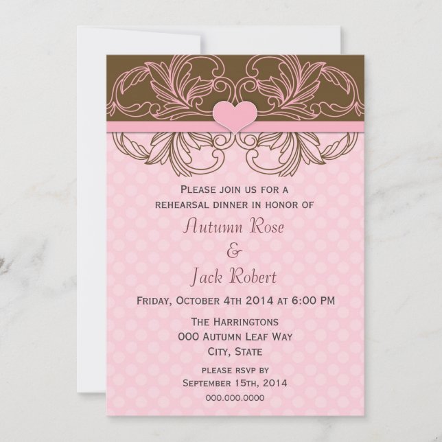 Invitation Dîner de répétition de mariage rose et marron (Devant)