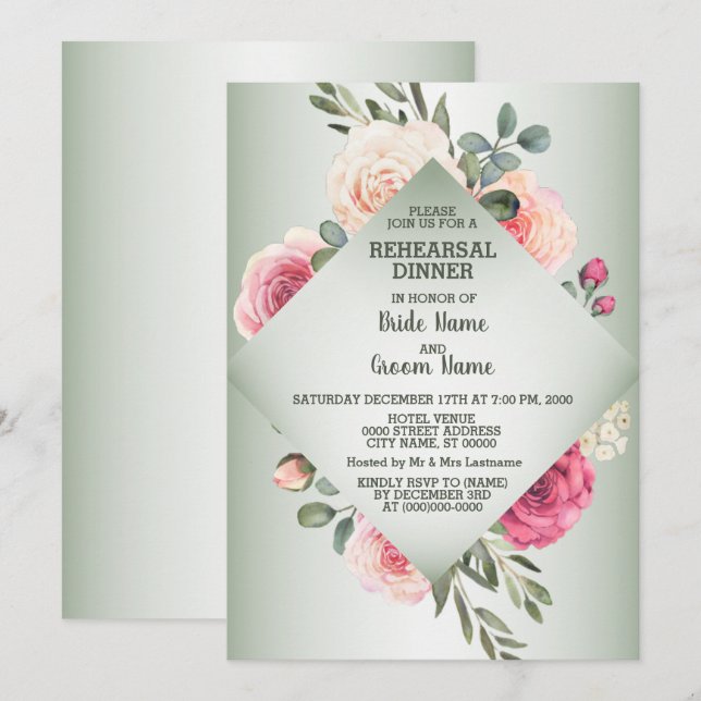 Invitation Dîner de répétition de mariage rose floral rustiqu (Devant / Derrière)