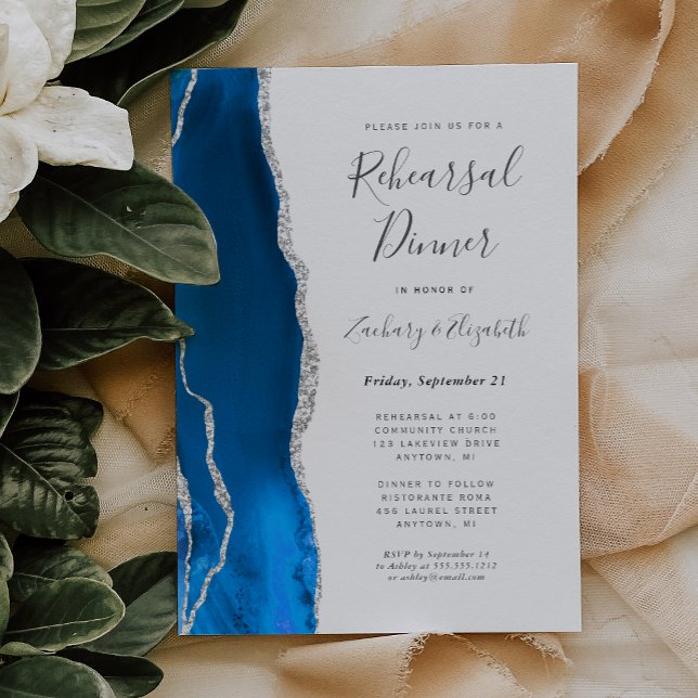 Invitation Dîner de répétition de mariage Royal Blue Silver A (Créateur téléchargé)