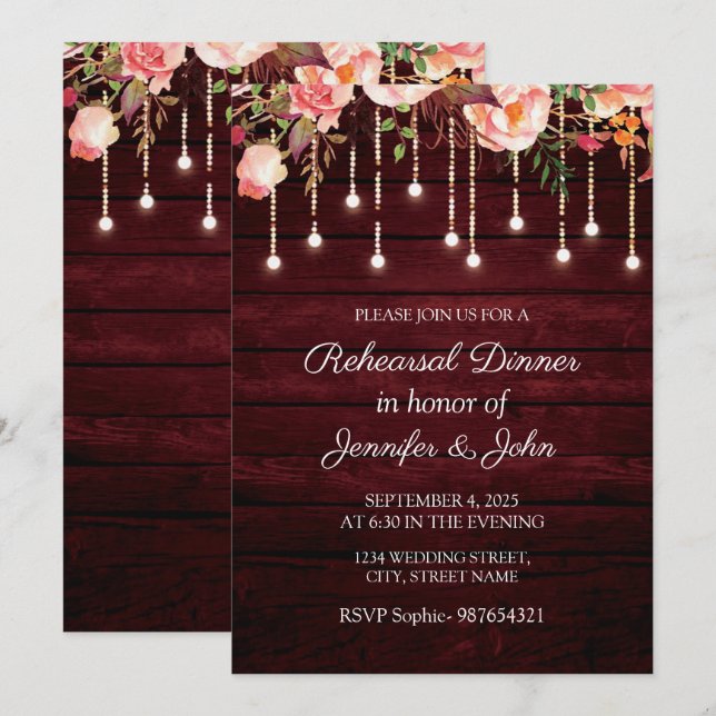 Invitation Dîner de répétition de mariage rustique en bois bo (Devant / Derrière)
