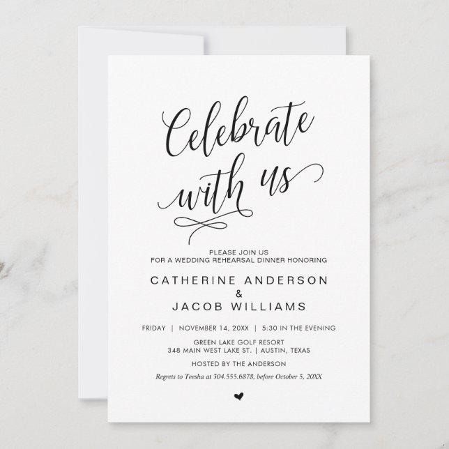 Invitation Dîner de répétition de mariage, simple classe noir (Devant)