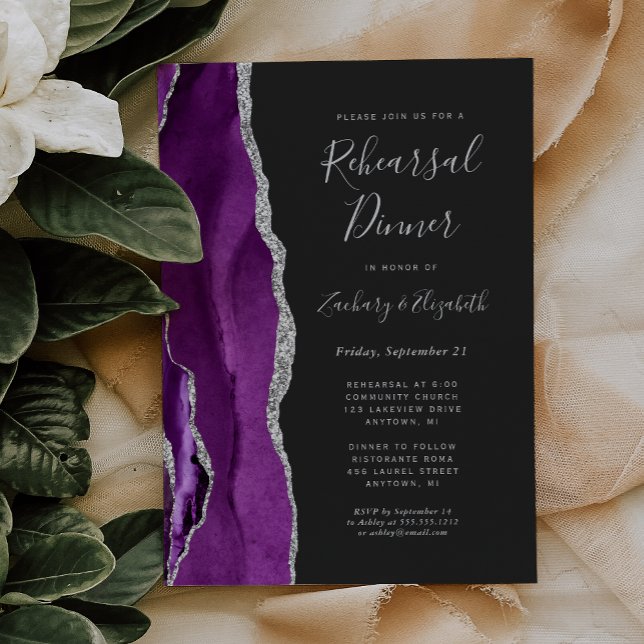 Invitation Dîner de répétition de mariage sombre agate argent (Créateur téléchargé)