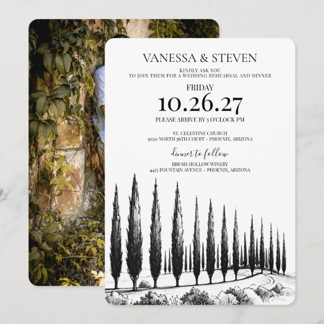 Invitation Dîner de répétition de mariage sous les cyprès (Devant / Derrière)