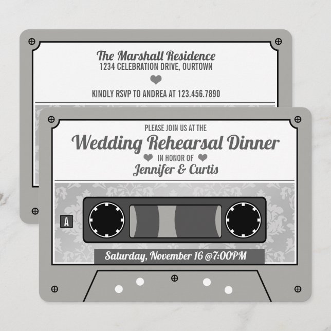 Invitation Dîner de répétition de mariage sur cassette rétro (Devant / Derrière)