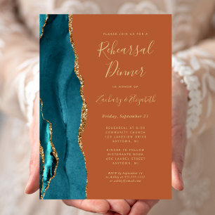 Invitation Dîner de répétition de mariage Teal Gold Agate Rus