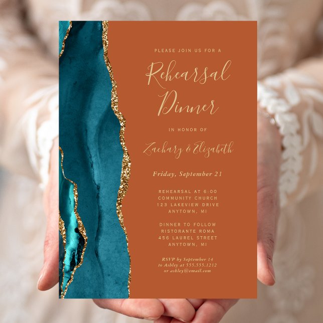 Invitation Dîner de répétition de mariage Teal Gold Agate Rus (Créateur téléchargé)