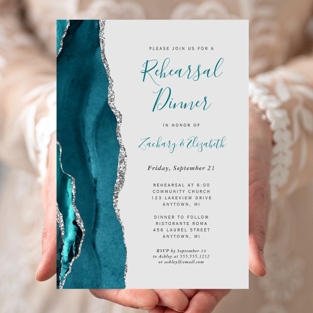 Invitation Dîner de répétition de mariage Teal Silver Agate G (Créateur téléchargé)