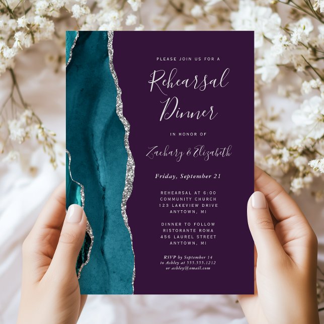 Invitation Dîner de répétition de mariage Teal Silver Agate P (Créateur téléchargé)