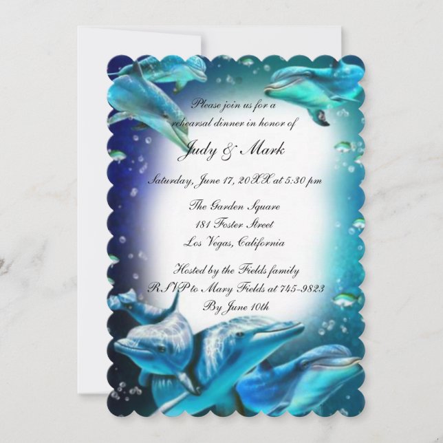 Invitation Dîner de répétition de mariage thème dauphin plage (Devant)