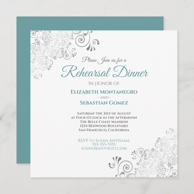 Invitation Dîner de répétition de mariage turquoise et gris é (Devant / Derrière)