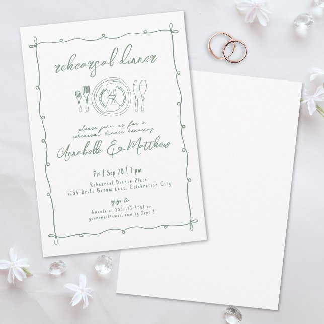 Invitation Dîner de répétition de mariage vert dessiné à la m (Hand Drawn Green Wedding Rehearsal Dinner Invitation)