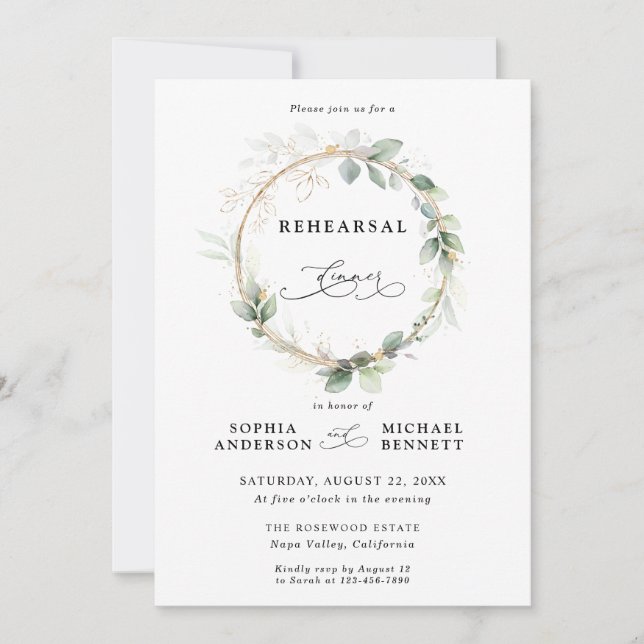 Invitation Dîner de répétition de mariage Vert et Or (Devant)