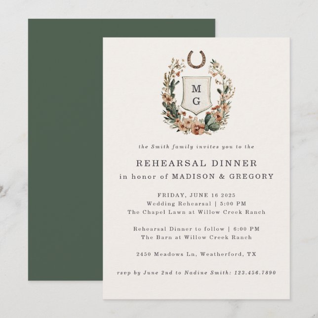 Invitation Dîner de répétition de mariage western Horseshoe (Devant / Derrière)