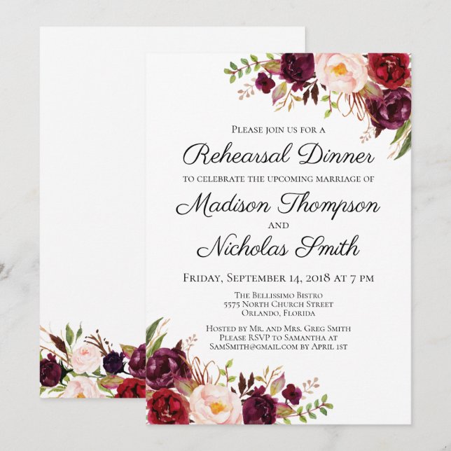 Invitation Dîner de répétition de marsala et rose floral Invi (Devant / Derrière)