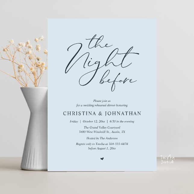 Invitation “Dîner de répétition de Misty Blue “The Night Befo (“The Night Before” Elegant Script Romantic Rehearsal Dinner Invitation Card Misty Blue)