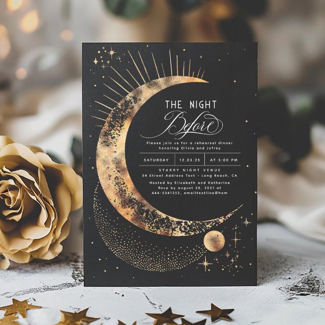 Invitation Dîner de répétition de nuit céleste Stars Moon (Starry Night Magical Rehearsal Dinner Invitations in Black)