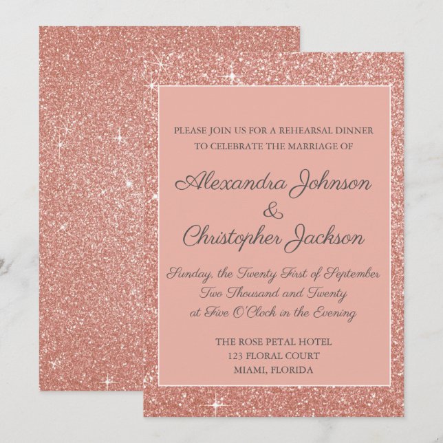 Invitation Dîner de répétition de Parties scintillant rose Ro (Devant / Derrière)