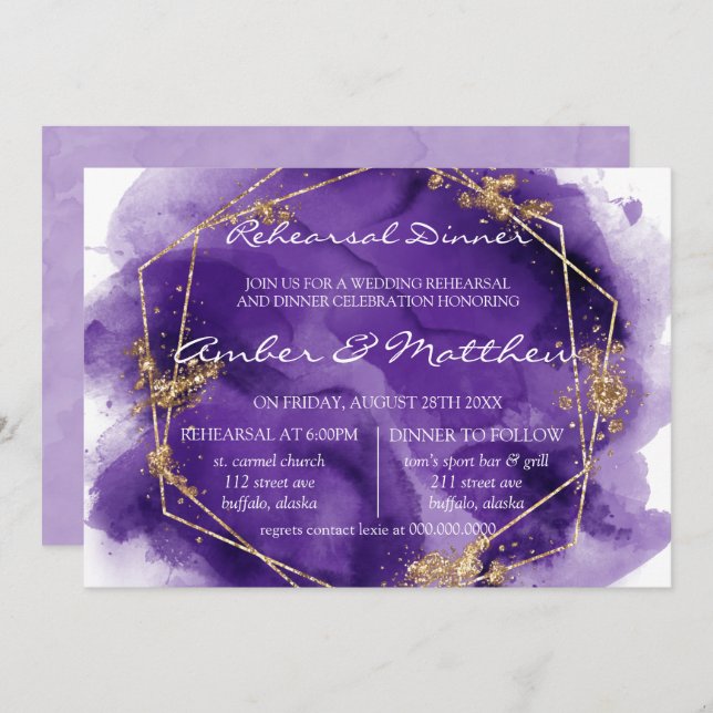 Invitation Dîner de répétition de peinture or violet Lavender (Devant / Derrière)