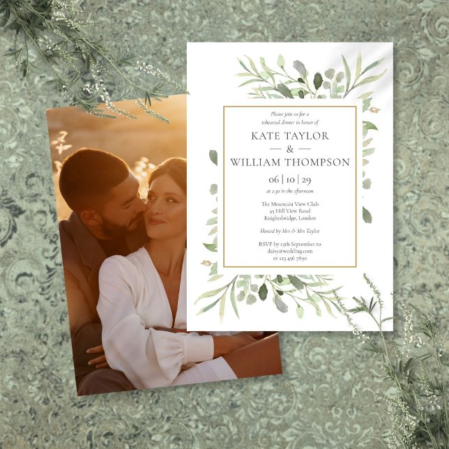Invitation Dîner de répétition de photo de verdure à l'aquare (Modern Watercolor Greenery Photo Rehearsal Dinner Invitation)
