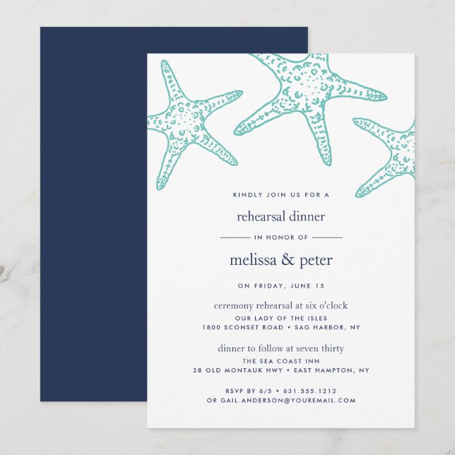 Invitation Dîner de répétition de poisson-Starfish Aqua & Nav (Devant / Derrière)
