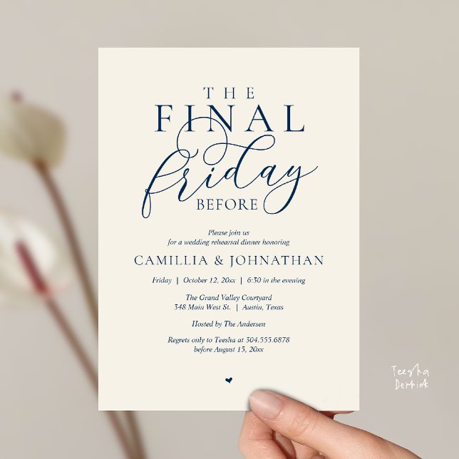 Invitation Dîner de répétition de romance « Le dernier vendre (“The Final Friday Before” Romance Rehearsal Dinner Invitation Card in Navy Blue Ivory)