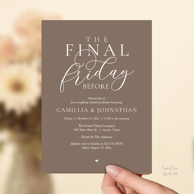 Invitation Dîner de répétition de romance « Le dernier vendre (“The Final Friday Before” Romance Rehearsal Dinner Invitation Card in Warm Taupe)