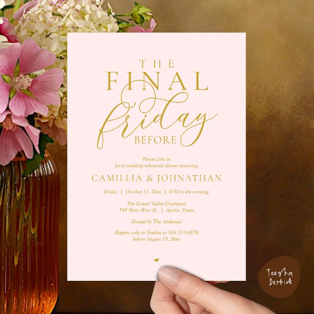Invitation Dîner de répétition de romance « Le dernier vendre (“The Final Friday Before” Romance Rehearsal Dinner Invitation Card in Blush Gold)