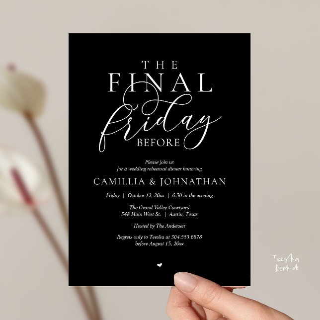 Invitation Dîner de répétition de romance « Le dernier vendre (“The Final Friday Before” Romance Rehearsal Dinner Invitation Card in Minimalist Black)