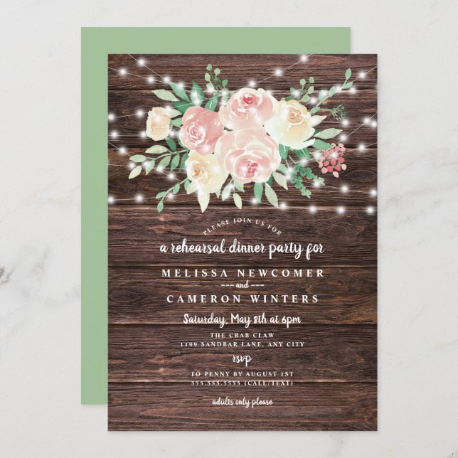 Invitation Dîner de répétition de Rustic Wood Blush Floral (Devant / Derrière)